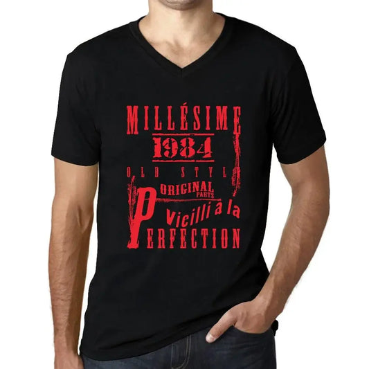 Men's Graphic T-Shirt V Neck Vintage Aged to Perfection 1984 – Millésime Vieilli à la Perfection 1984 – 40th Birthday Anniversary 40 Year Old Gift 1984 Vintage Eco-Friendly Short Sleeve Novelty Tee