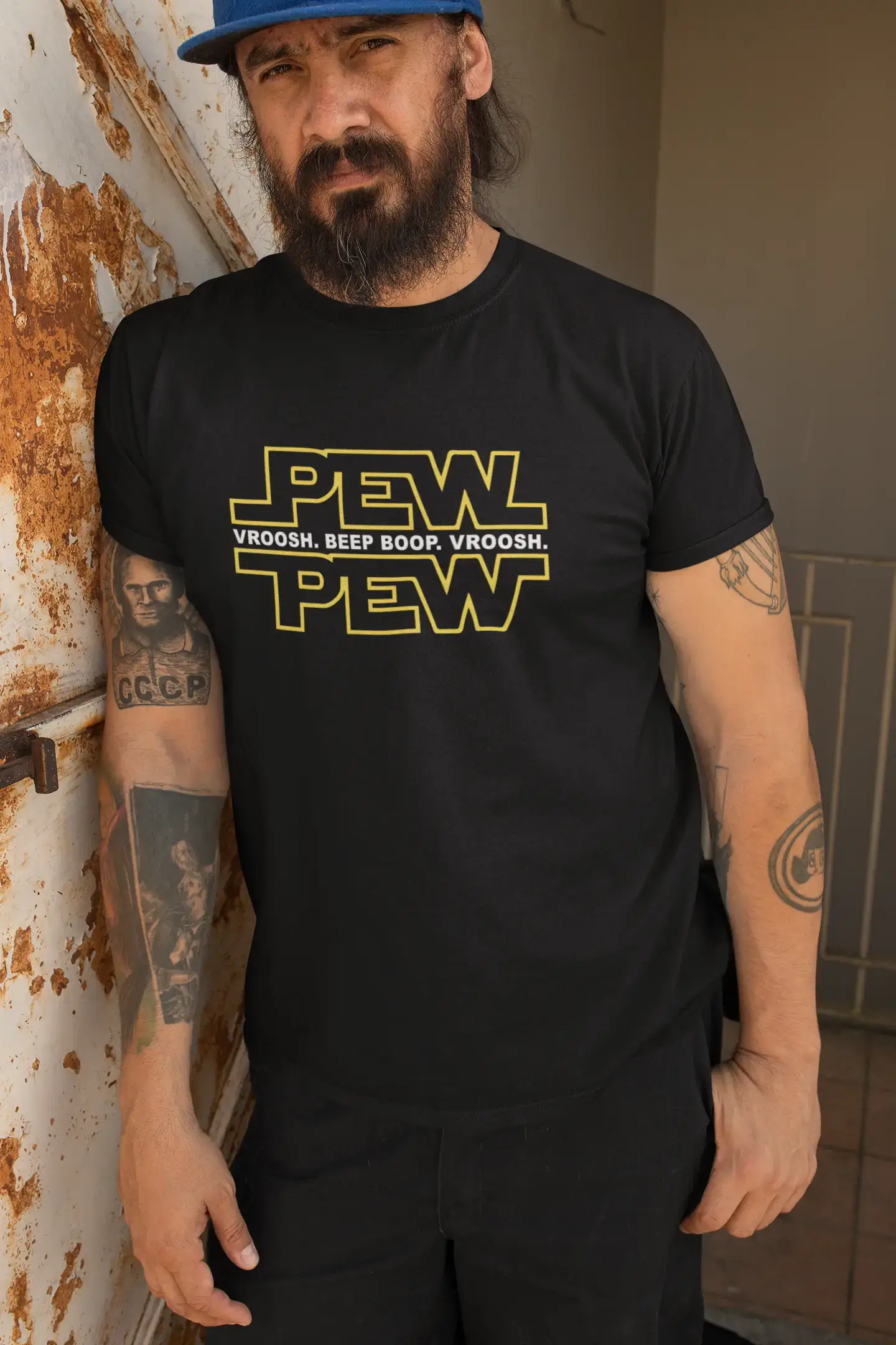 Graphic Men's Pew Pew T-Shirt Lemon Letter Print Tee French Navy