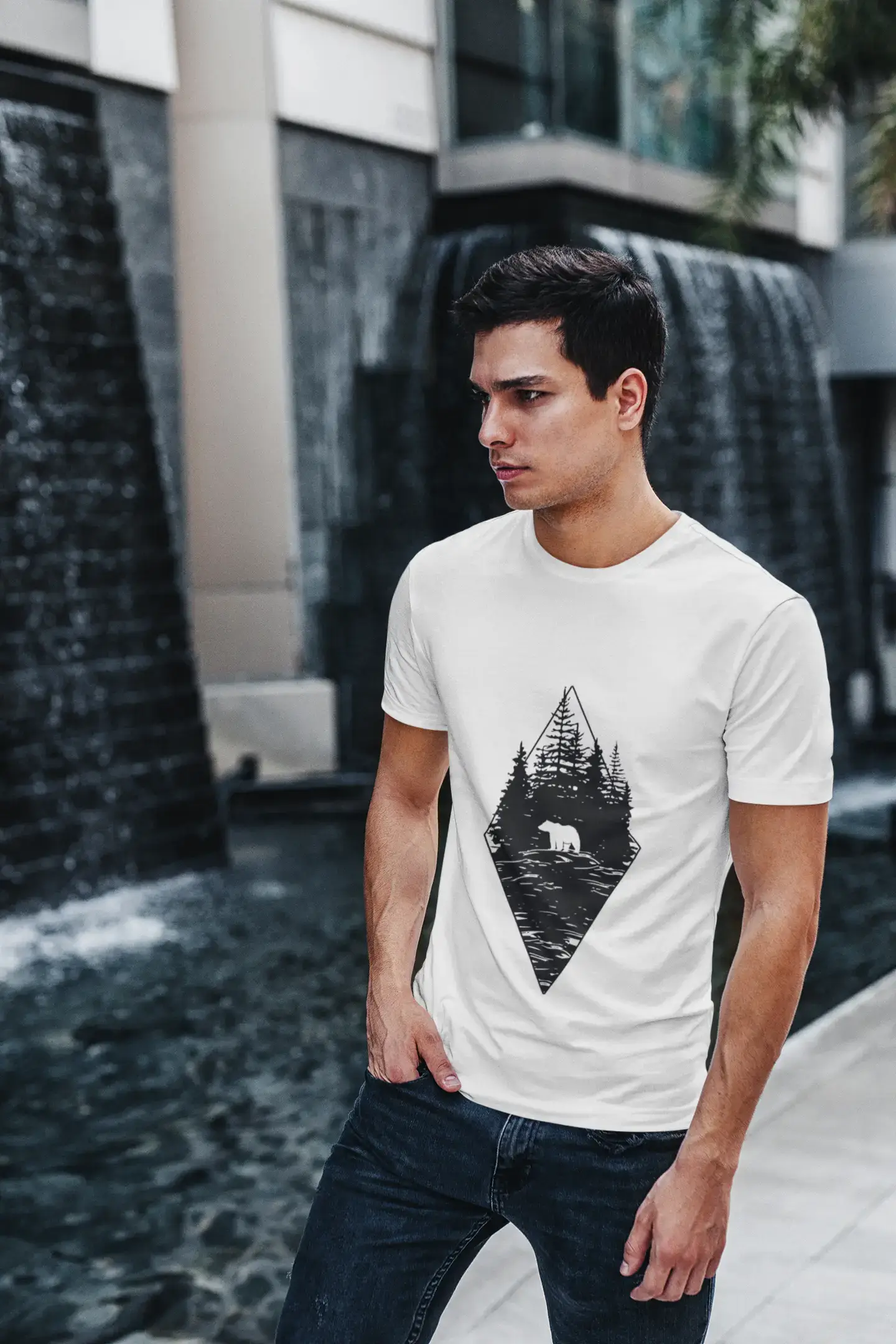 ULTRABASIC - Graphic Printed Men's Forest Bear T-Shirt Denim