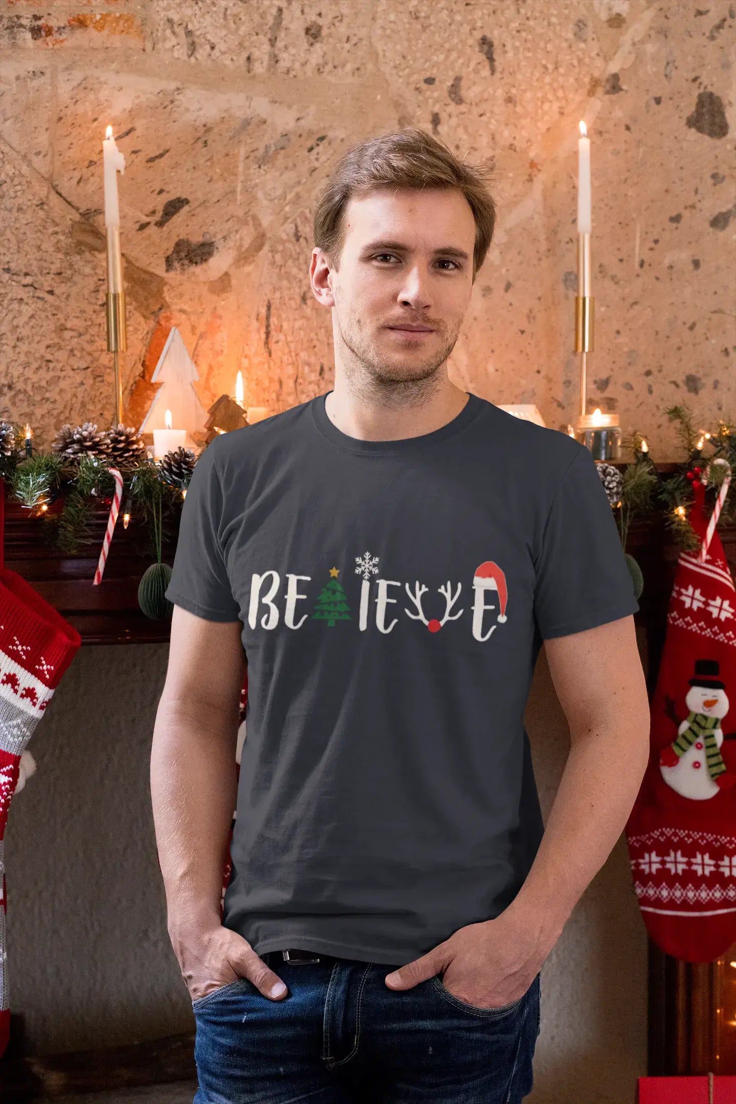 ULTRABASIC - Graphic Men's Christmas Believe Tree T-Shirt Xmas Gift Ideas Grey Marl