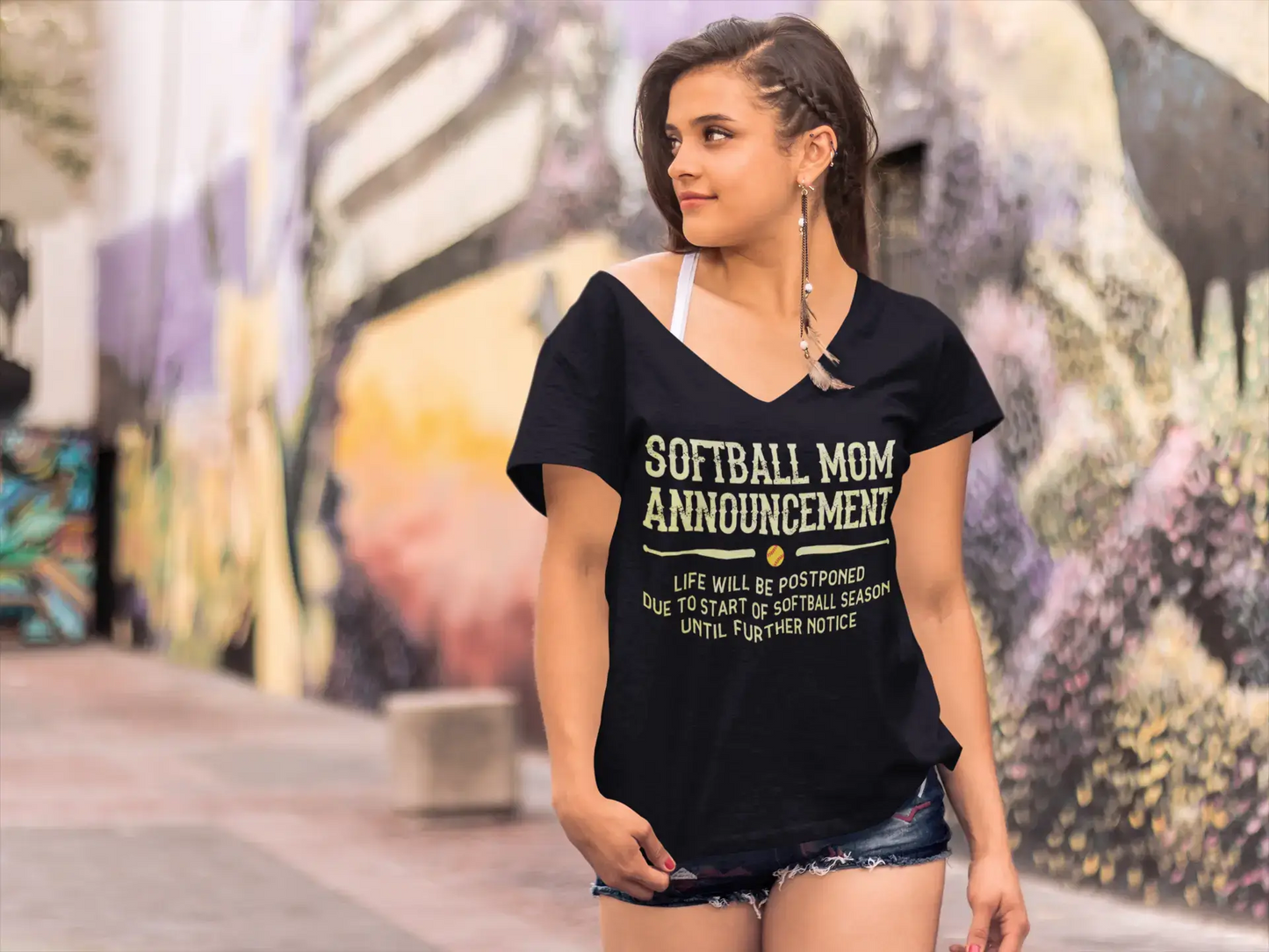 ULTRABASIC Women's V-Neck T-Shirt Softball Mom Announcement - Funny Mom's Quote