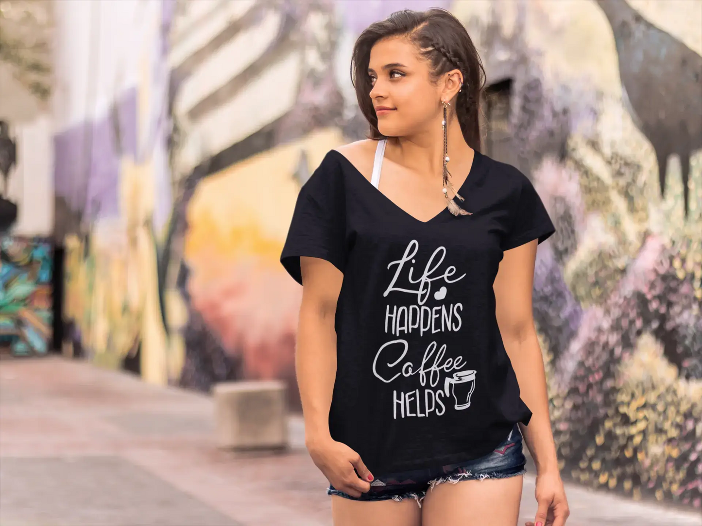 ULTRABASIC Women's T-Shirt Life Happens Coffee Helps - Short Sleeve Tee Shirt Tops