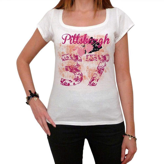 37 Pittsburgh City With Number Womens Short Sleeve Round White T-Shirt 00008 - Casual