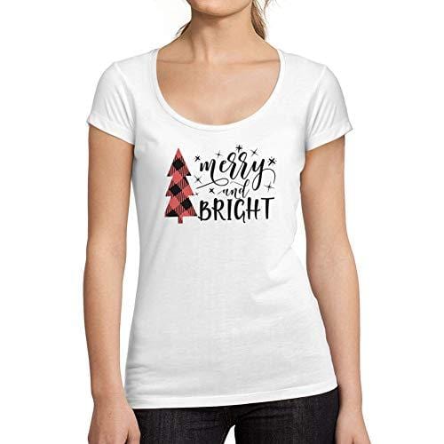 Ultrabasic - Femme Graphique Merry and Bright Christmas T-Shirt Action de Grâces Xmas Cadeau Idées Tee Blanco