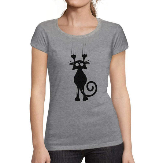 Ultrabasic - Tee-Shirt Femme Manches Courtes Cartoon Cat Gris Chiné