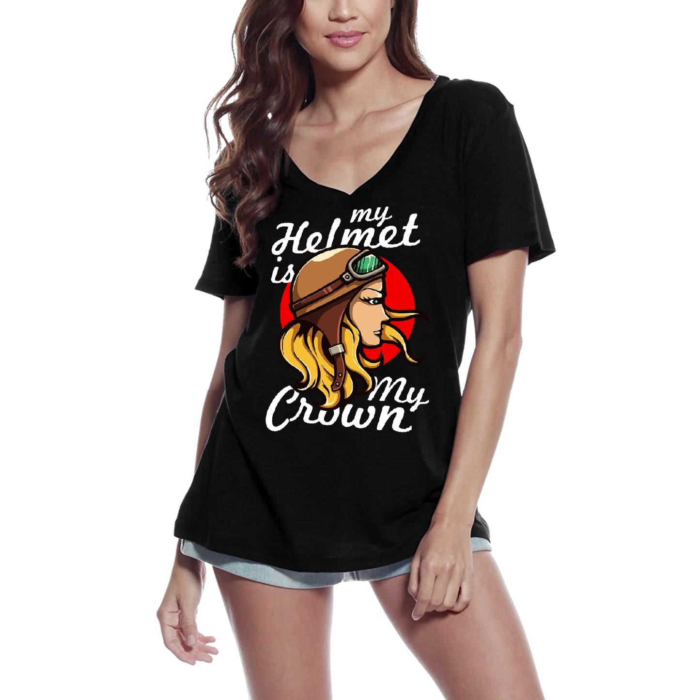 ULTRABASIC Women's V Neck T-Shirt My Helmet Is My Crown - Gift For Racing Girl