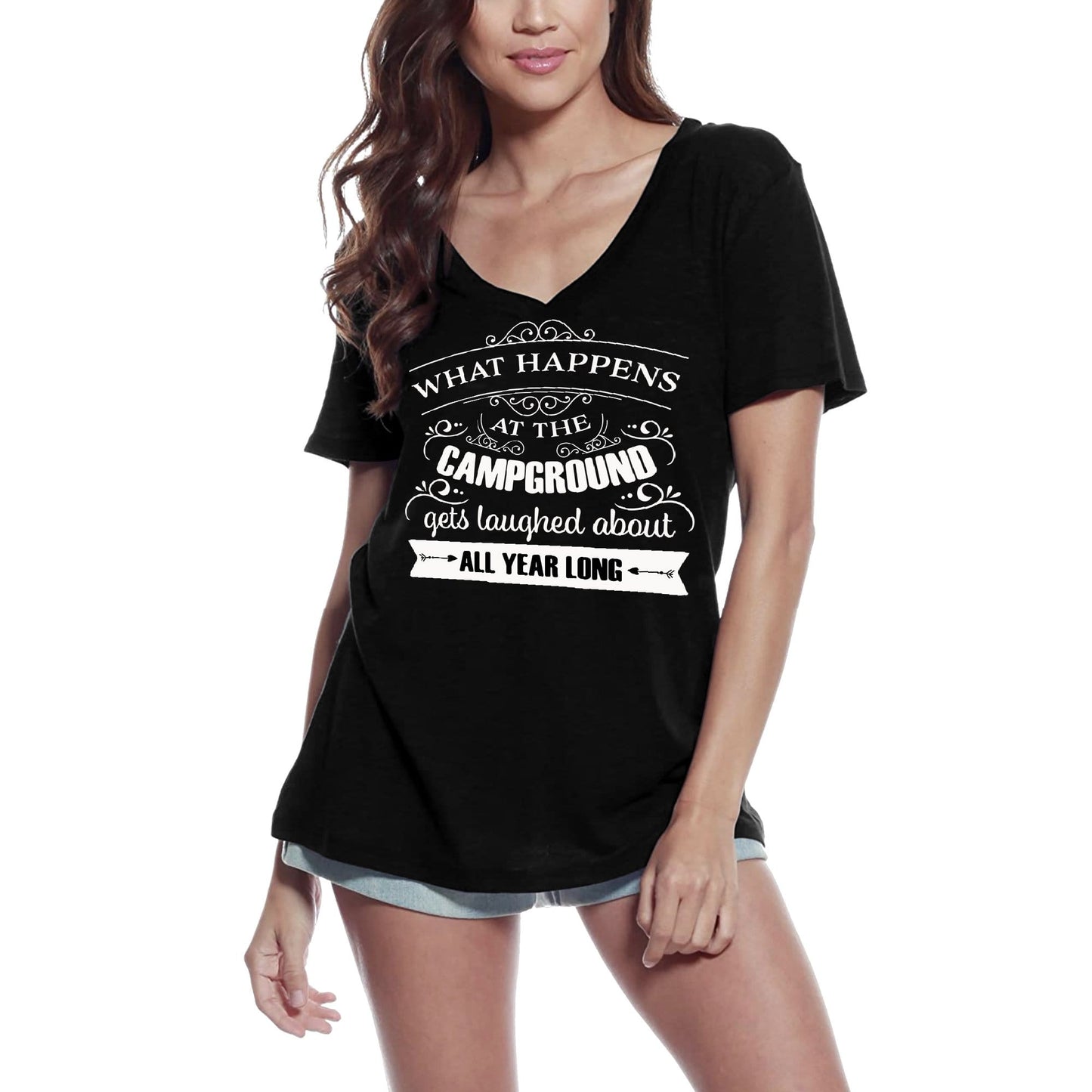 ULTRABASIC Women's T-Shirt What Happens at the Campground - Funny Short Sleeve Tee Shirt Tops