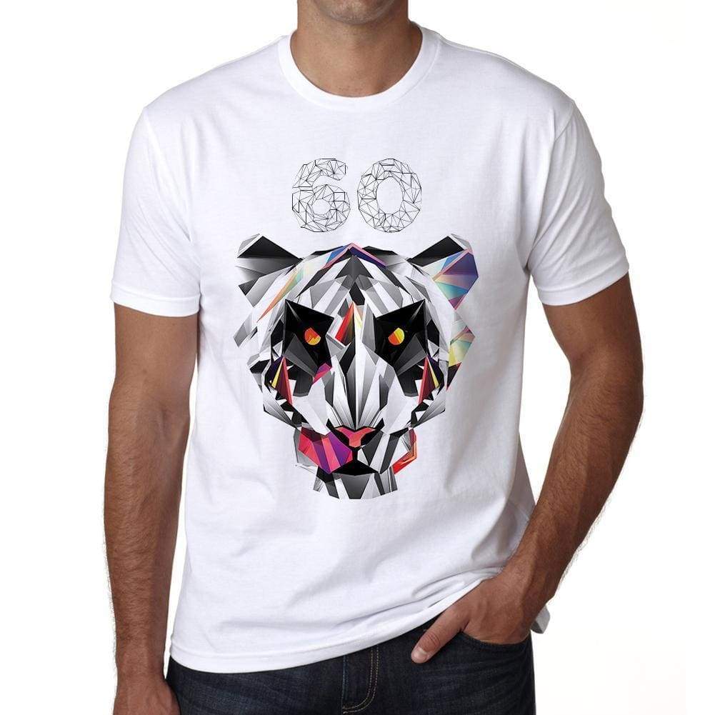 Geometric Tiger Number 60 White Mens Short Sleeve Round Neck T-Shirt 00282 - White / S - Casual