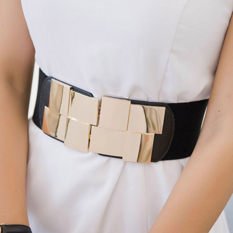 New Women Elastic Waist Closure Wide Belt Gold Square Buckle Dress Decorative Belt Female Self - cultivation Elastic Band Girdle