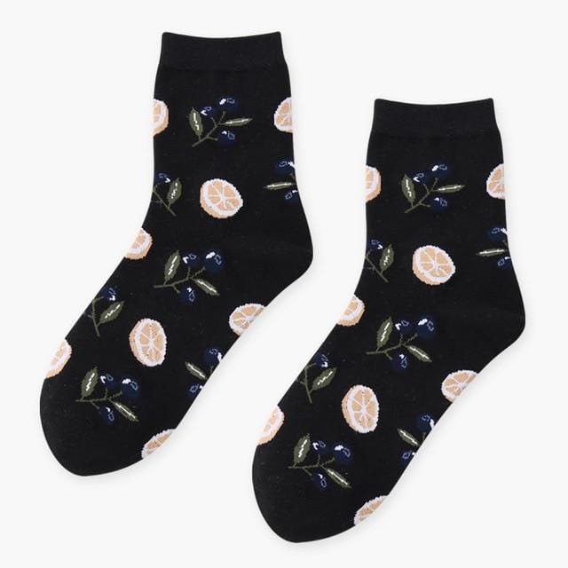 Summer Korean Happy Fruits Socks Lemon Avocado Pineapple Cherry Blueberry Orange Gardenias Banana Leaves Printed Unisex sox