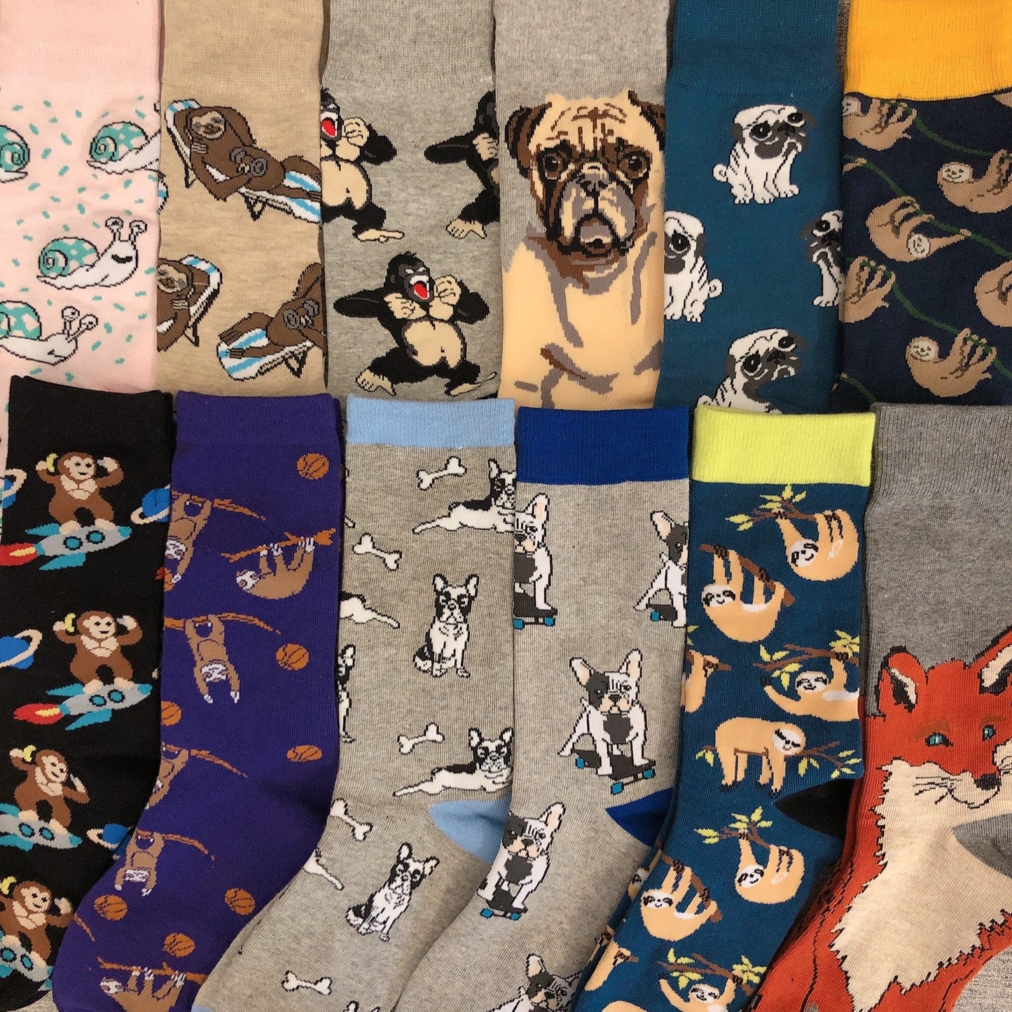 Adult Mid Calf Crew Fashion Funny Socks Chimpanzee Pug Bull Bulldog Sloth Snail Boston Terrier Monkey Dog Puppy Animal Dropship