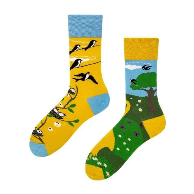 1Pair Male Crew Socks Men Casual Socks Cotton Unique Cartoon Animal Funny Cute Cool Unisex Socks Mid Length Asymmetric AB Socks