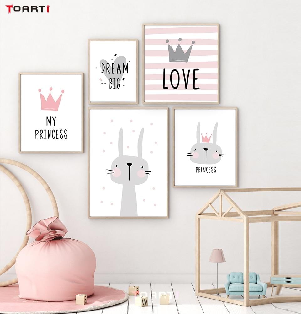 Pink Cartoon Nursery Girl Wall Picture Poster Print Rabbit Crown Baby Room Modern Canvas Painting Kids Children Wall Art Mural