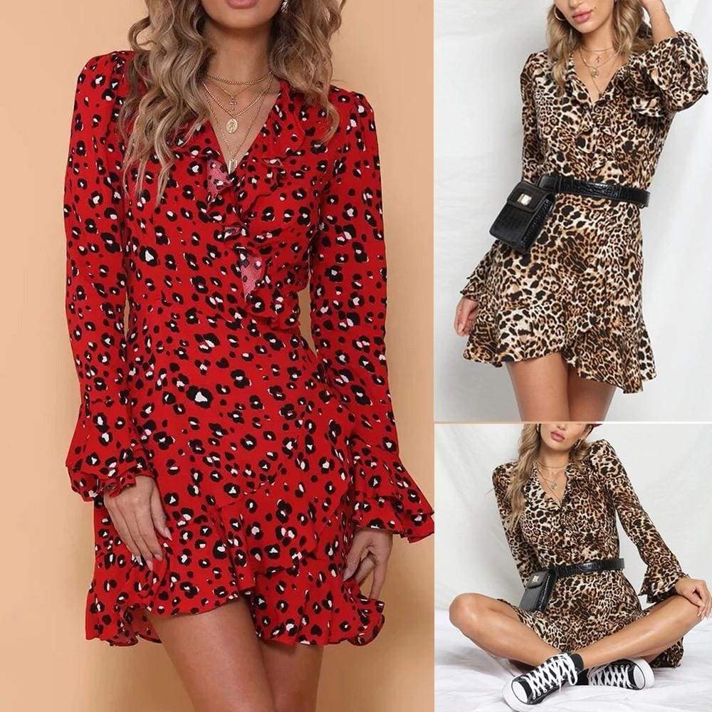 Womens Sexy V-Neck Leopard Printed Ruffled Hem Flare Sleeve Party Wrap Maxi Dress - Ultrabasic